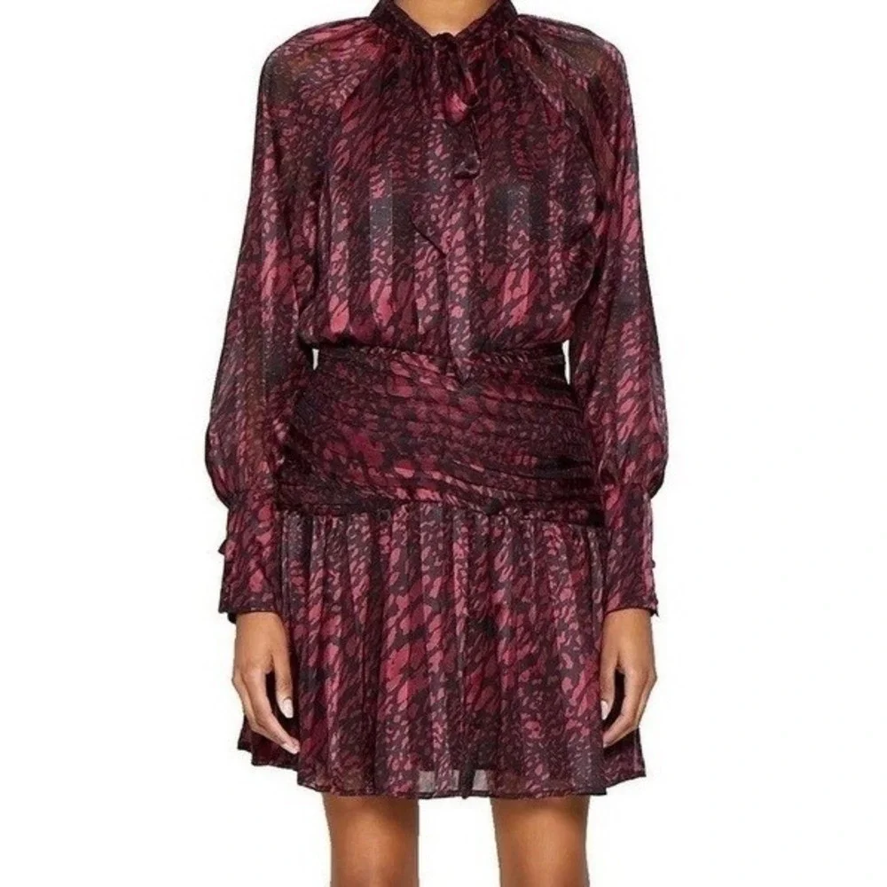 Walter Baker Burgundy Black Animal Print Tie Neck Smocked Mini Dress W71211 Sz 2